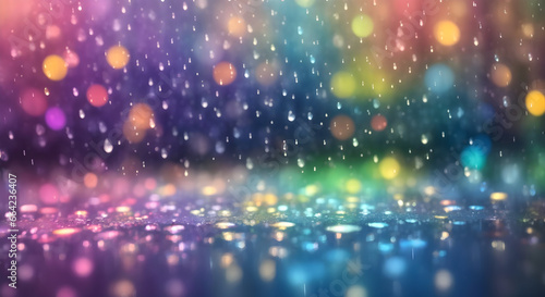 Rains drop background with bokeh rainbow color. 