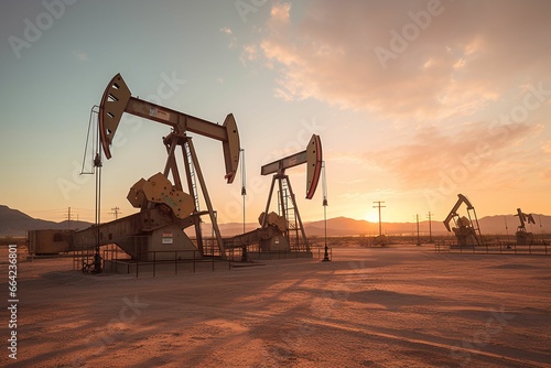 desert oil field dotted with pumpjacks rhythmically moving up and down, extracting the precious resource from deep below