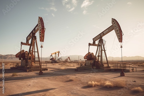 desert oil field dotted with pumpjacks rhythmically moving up and down, extracting the precious resource from deep below photo