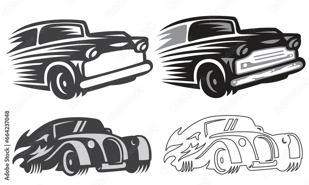 Obraz premium Car Type and Model Objects icons Set . Vector black illustration isolated on white background with shadow