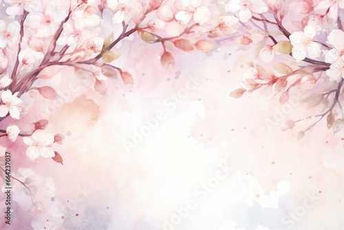 Delicate watercolor cherry blossoms on a background frame material. Generative AI