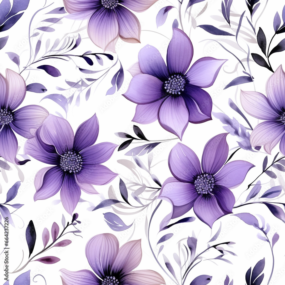 Seamless pattern Purple flowers and leaves swirling isolated on a white background water color