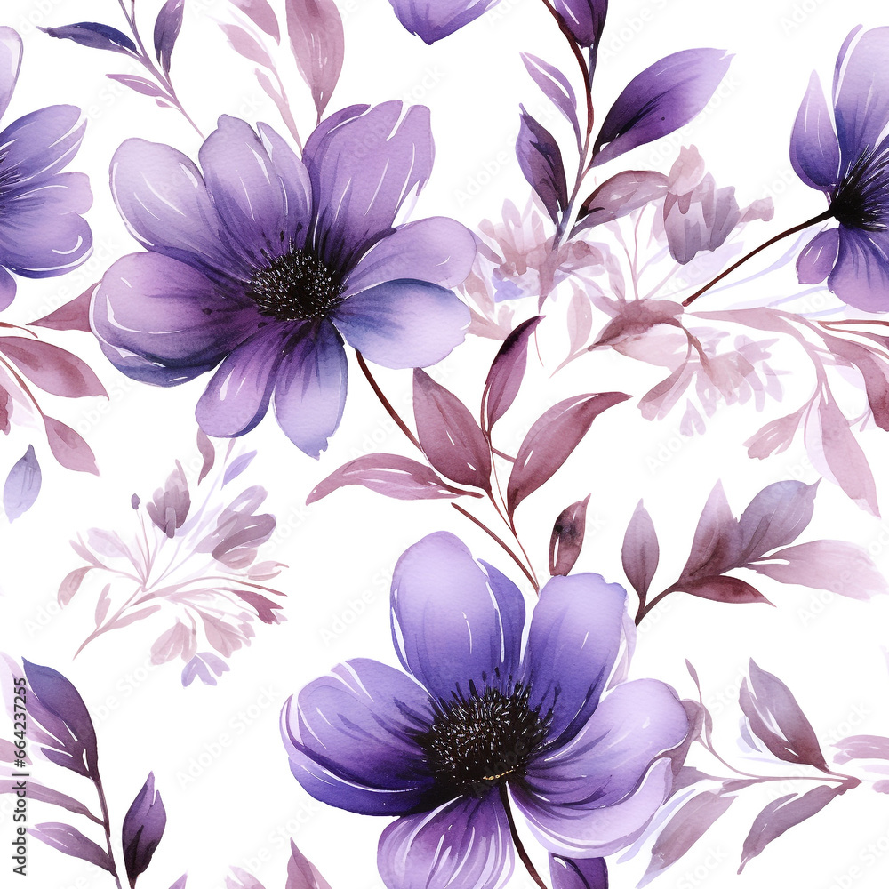Seamless pattern Purple flowers and leaves swirling isolated on a white background water color Seamless pattern Purple flowers and leaves swirling isolated on a white background water color