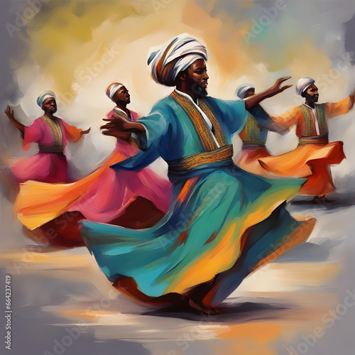 Traditional colorful Sufi and African dance illustration painting artwork photo