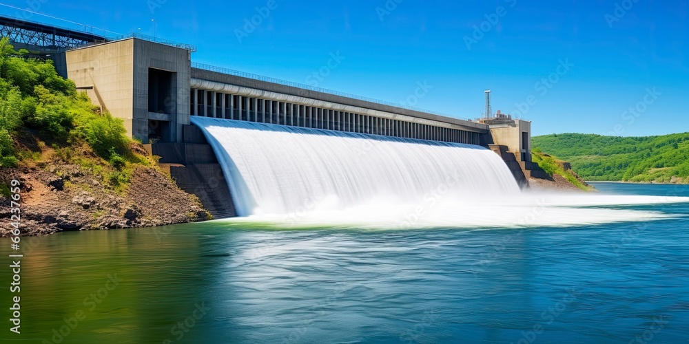 Hydroelectric dam generating green energy from flowing water.