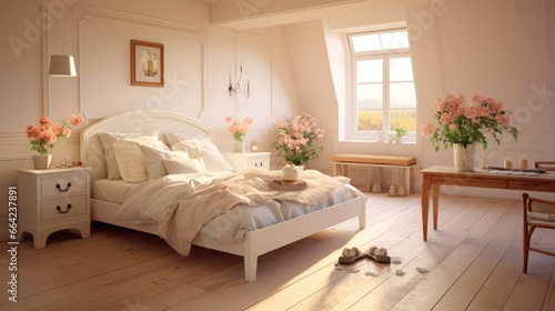 Bright and Airy Bedroom Scene with Sunlight Coming in Through the Window