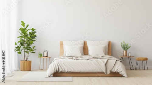 Modern bedroom scene with two made beds and a potted plant