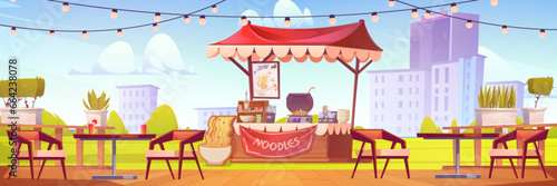 Asian cuisine stall in summer city park. Vector cartoon illustration of noodle shop with fish and seafood menu, chairs and tables outdoors, garland decoration, cityscape background, sunny blue sky