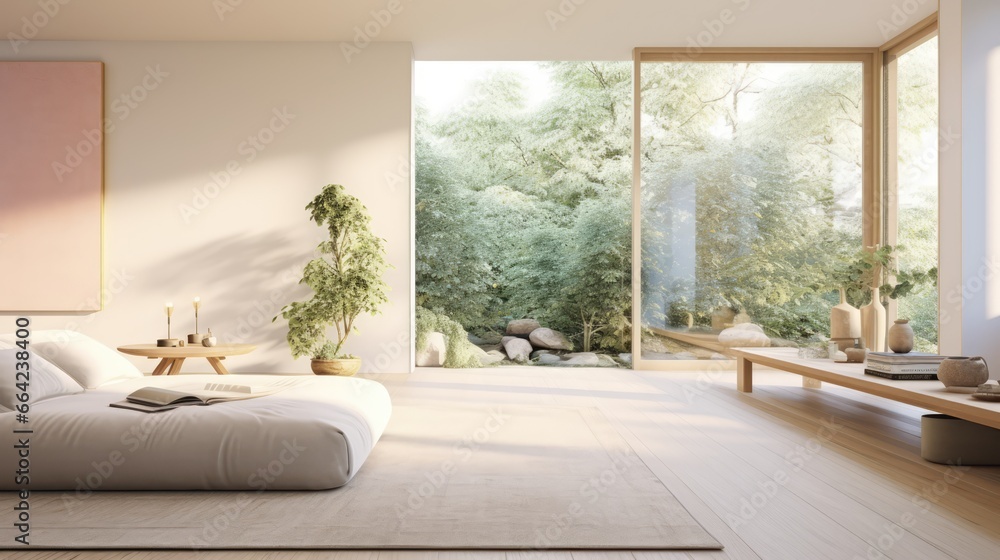 Fototapeta premium Zen-Inspired Room with Sunlight and Greenery