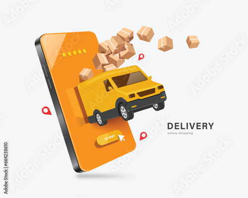 yellow cargo truck or van with cardboard boxes or parcels box is seen driving away from a smartphone after a customer places an order