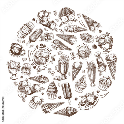 Vintage set of hand drawn monochrome ice cream icons. Elements in a circle. Vector illustrations in sketch style. Handmade, knitting equipment concept in vintage doodle style. Engraving style.