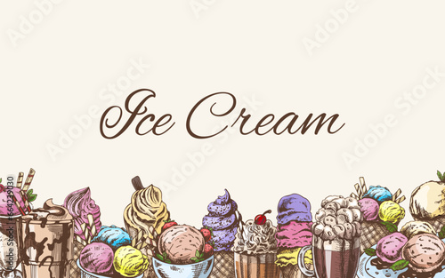 Vintage color ice cream template, hand-drawn. The concept of dessert, a sweet dish in a vintage doodle style. A template with an empty space.