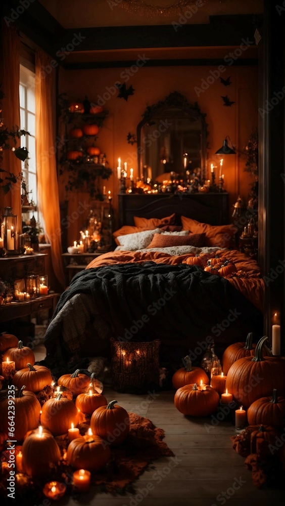 Bedroom on bed has orange and black textiles, pumpkins and candles. Generative AI.