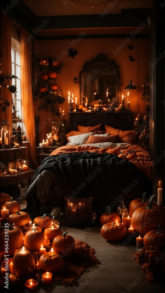Bedroom on bed has orange and black textiles, pumpkins and candles. Generative AI. Bedroom on bed has orange and black textiles, pumpkins and candles. Generative AI.