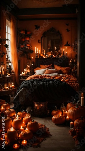 Bedroom on bed has orange and black textiles, pumpkins and candles. Generative AI.