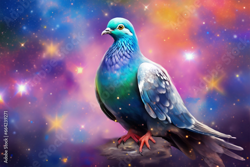 a dove with stars and colorful clouds in the background
