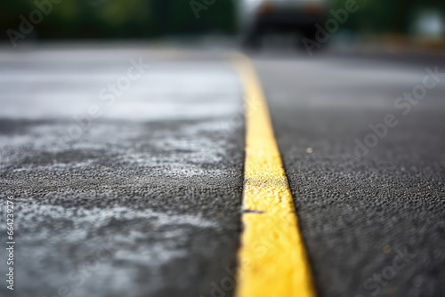 Closeup Focuses On Asphalt With Yellow Double Line Markings