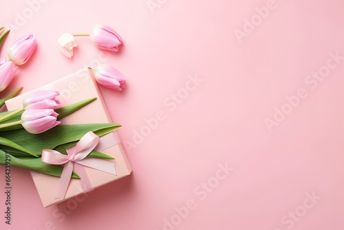 Pink gift box with ribbon bow and bouquet of tulips on isolated pastel pink background. © AbdulHamid