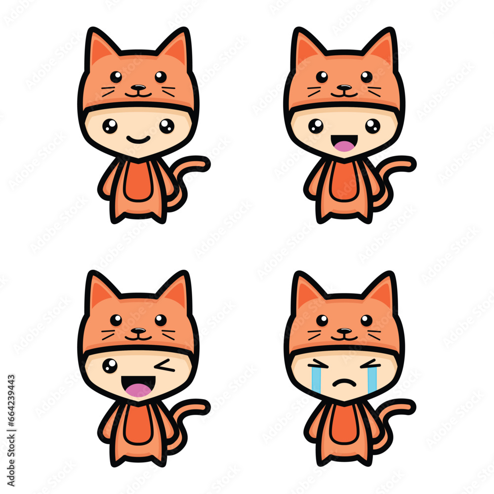 Cute cat emoji set. Flat icons in cartoon style.