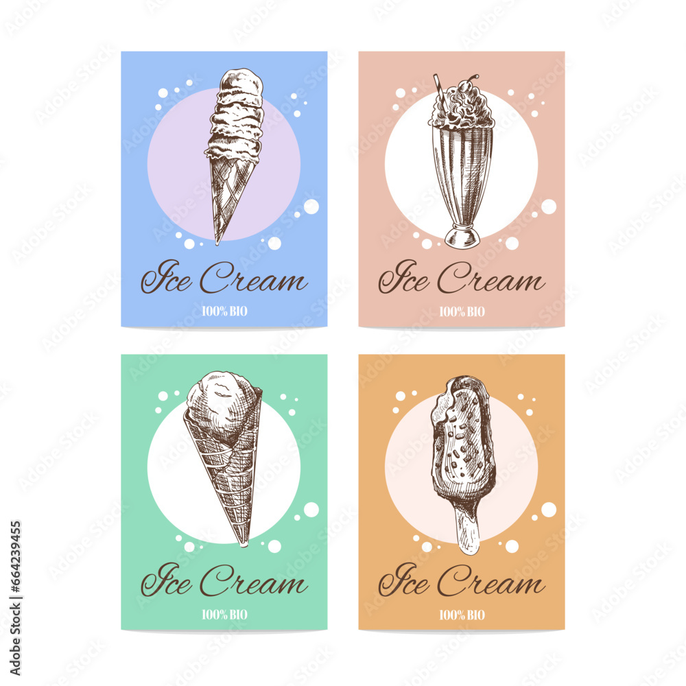 Hand-drawn banners with ice cream in sketch style. Vintage vector illustration. The concept of dessert is a sweet dish in a vintage doodle style.