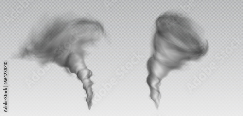 3d tornado and hurricane isolated vector storm vortex. Realistic whirlwind twister cloud effect icon. Transparent air funnel whirl. Spiral disaster windstorm set. Different typhoon collection