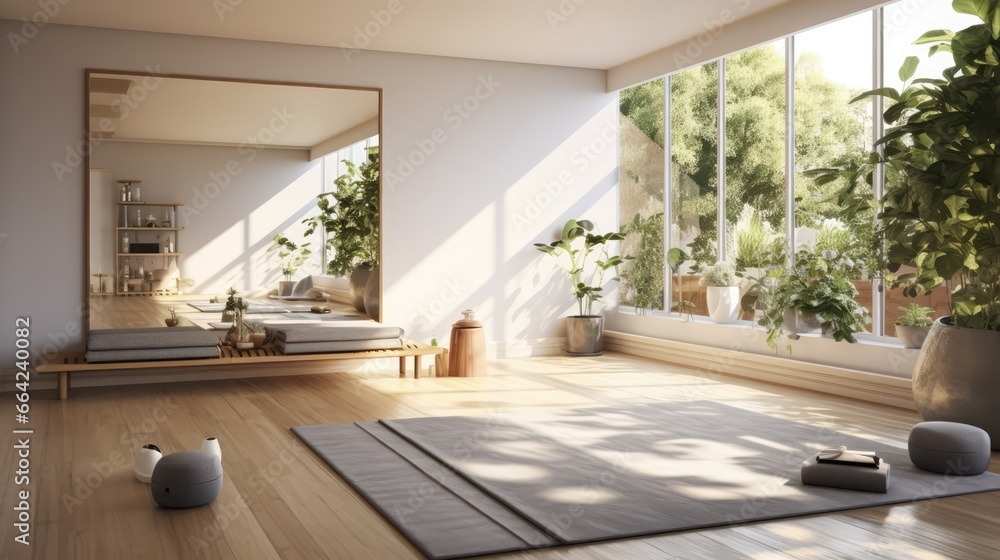A sun-filled living room with large windows and a rug on a hardwood floor A sun-filled living room with large windows and a rug on a hardwood floor