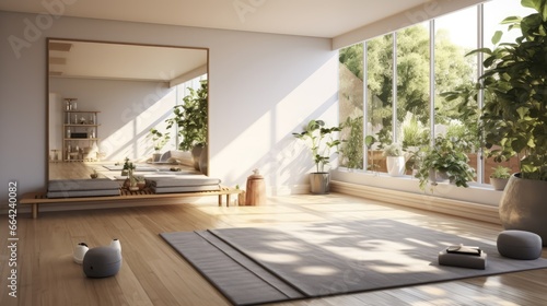 A sun-filled living room with large windows and a rug on a hardwood floor