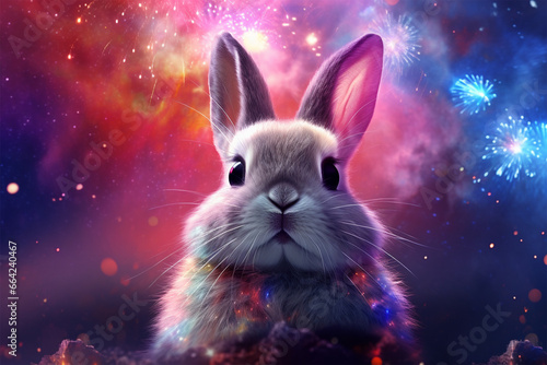 a rabbit with a background of stars and colorful clouds © Yoshimura