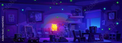 Kindergarten classroom interior in night - dark preschool room with table and chairs, chalkboard and toys. Cartoon vector illustration of evening education and game home with light from lamp.