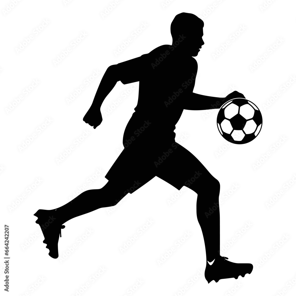 Soccer player silhouette Clipart isolated on a white background, Black Silhouette of Football Player