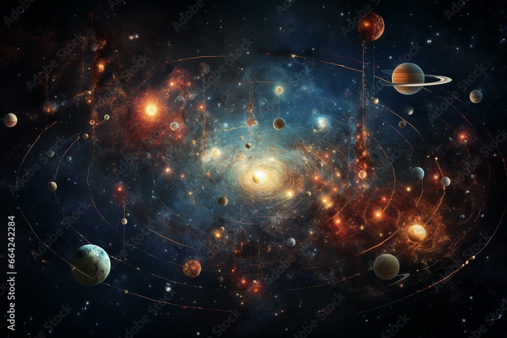 Illustration depicting the origin of the universe and planets with cosmic particles and celestial bodies. Generative AI - obrazy, fototapety, plakaty 