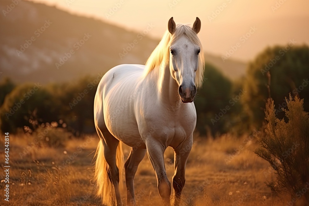 White horse or mare in the mountains at sunset. - obrazy, fototapety, plakaty 