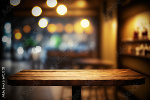 Wooden table blurred background of restaurant of cafe with bokeh. Flawless generative ai