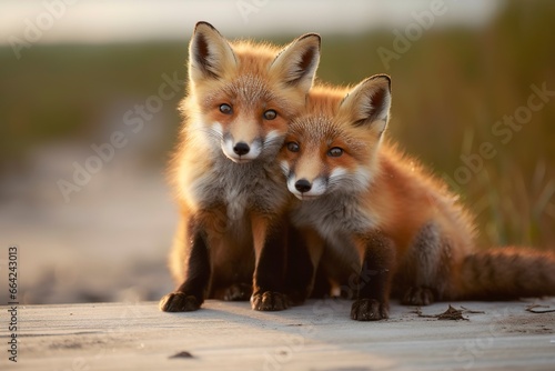 Wild baby red foxes cuddling at the beach. © AbdulHamid