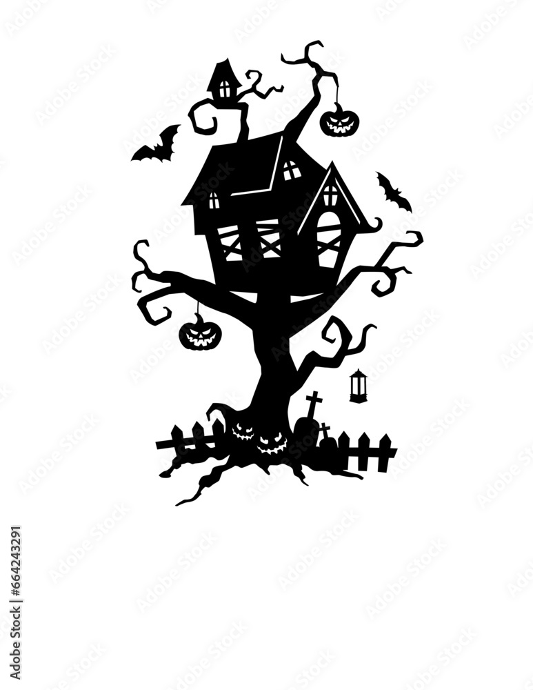 Haunted House Vector, Halloween Design, Scary Pumpkin Clipart, Witchcraft Illustration, Witch Treehouse Cutfile, Spooky Night Tattoo Stencil