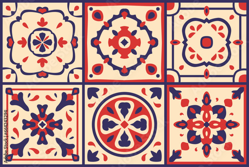 Moroccan ceramic tile pattern. Spanish patchwork ornaments, Portuguese background in contrast red, blue, beige colors. Azulejo, Majolica floor, geometric pottery design, mosaic vector illustration.