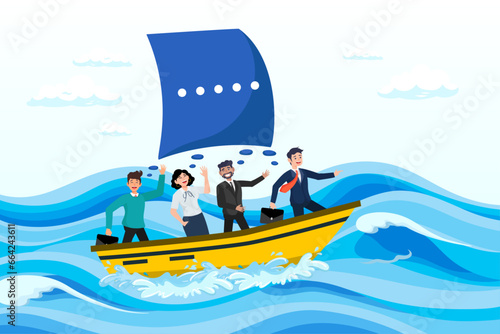 Confidence businessman manager leader with speech bubble to sail the ship forward, leadership to lead team and guide direction, motivation and inspiration to drive company to achieve success (Vector)