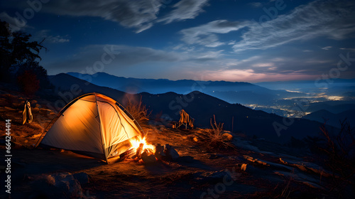 Campfire with tent and view of beautiful mountains and night sky ,hiking views