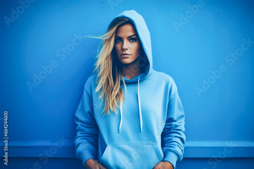 Young woman on a bright blue color background