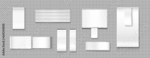 Fabric labels and tags for clothes - realistic vector set of mockup and template of white textile badge with stitches for brand naming or information about clothing operation, wash and laundry.