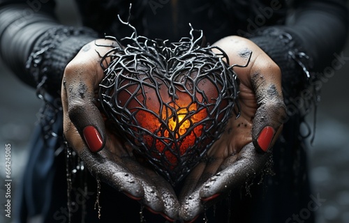 Witch's black hands creating a heart with their claws. photo