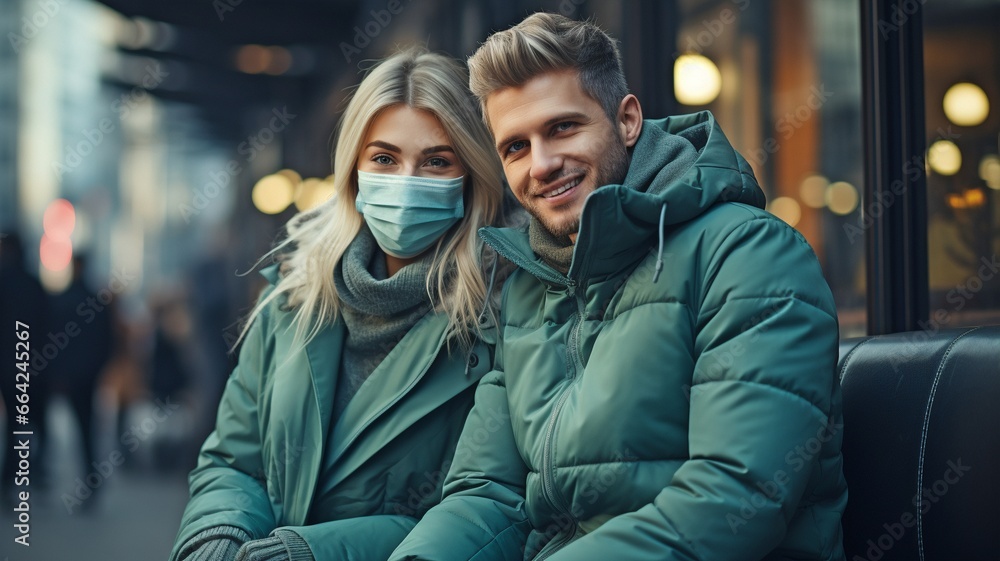 A distressed couple converses while seated on a bench in a coronavirus protective medical mask.. A distressed couple converses while seated on a bench in a coronavirus protective medical mask..