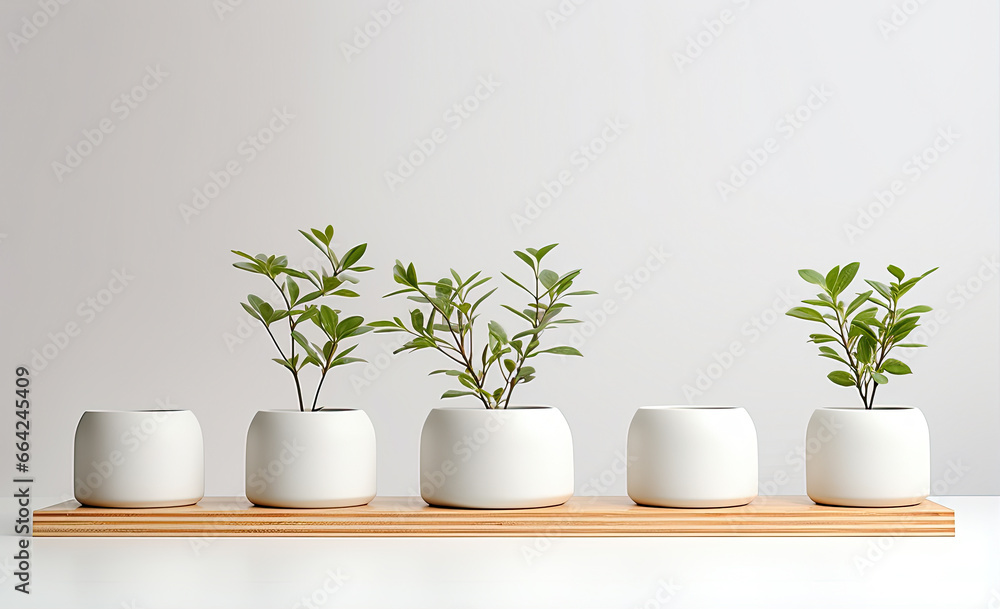 white jars with plants on the white background white jars with plants on the white background