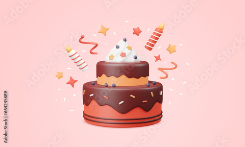 Birthday 3D cake render, flying candles, squiggles, confetti and stars splash. Vector greeting illustration in plastic style. Creamy sweet food with chocolate icing, blueberries and sprinkles.