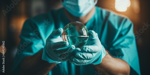 Flat lay of hand with surgical glove holding stethoscope over earth photo