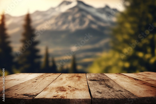 Outdoor wooden table on blur natural mountain landscape background. Flawless generative ai