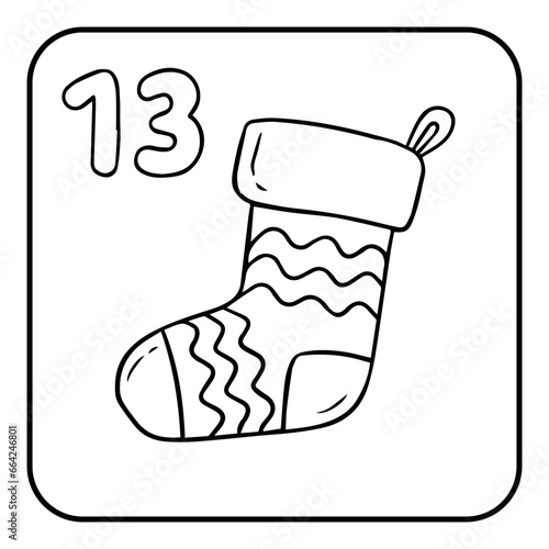 Xmas coloring advent calendar. Hand drawn vector Christmas sock