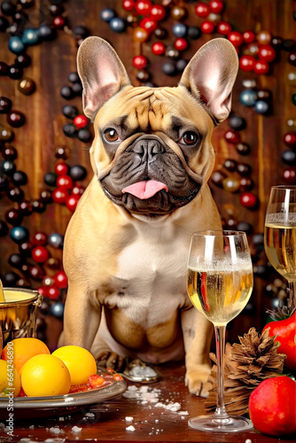 A French bulldog with a glass of champagne celebrating the new year. Holiday decorations in the background. © ita_tinta_