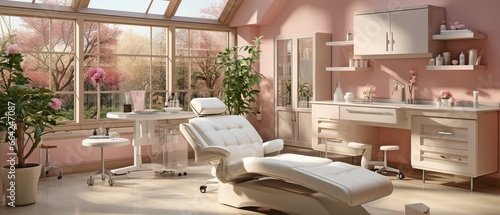 Modern cosmetics tools for skincare rejuvenation treatments and a salon chair are inside a beautician's cabinet.. photo