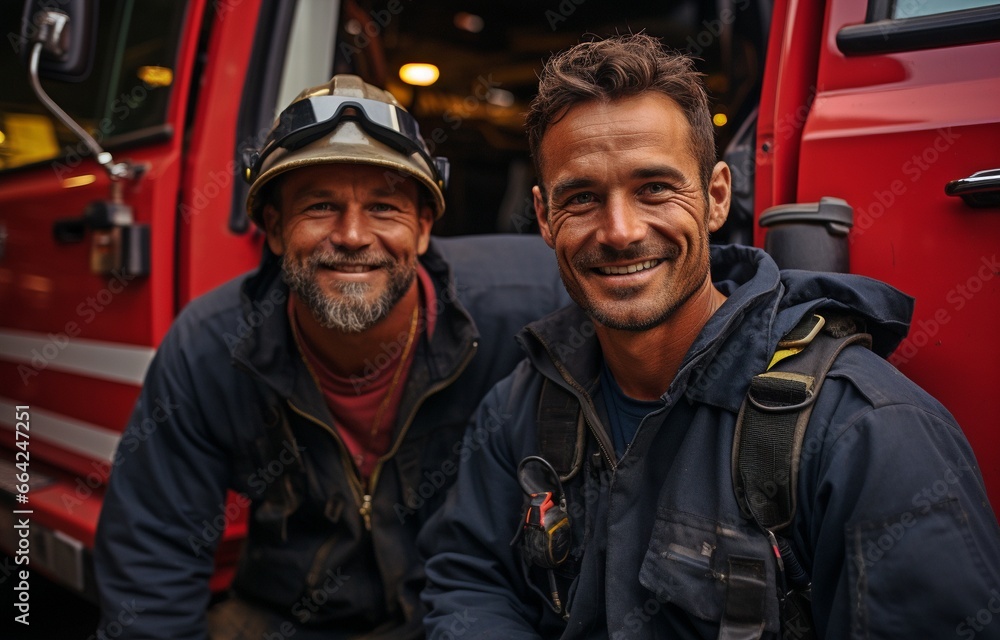 An image of two firefighters in front of a fire truck.